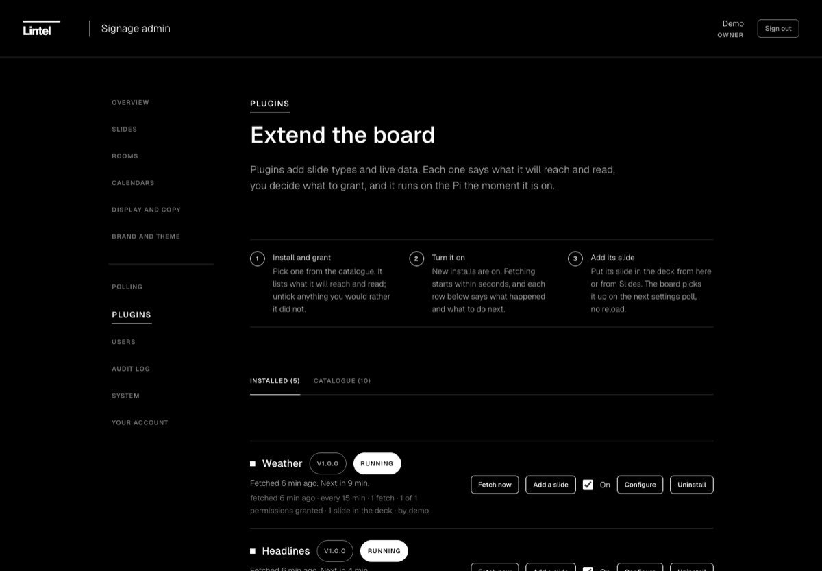 The Plugins page: three steps, then installed plugins with their state and next step