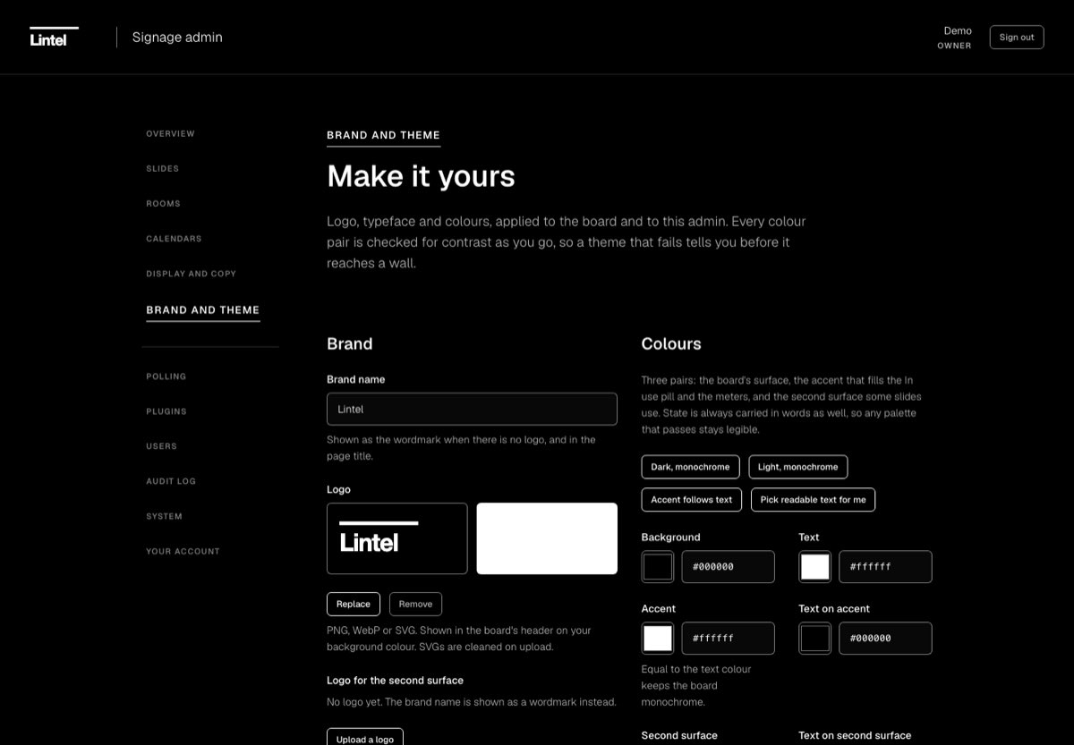 The Brand and theme page: logo, nine typefaces, six colours with contrast readouts, and a live preview