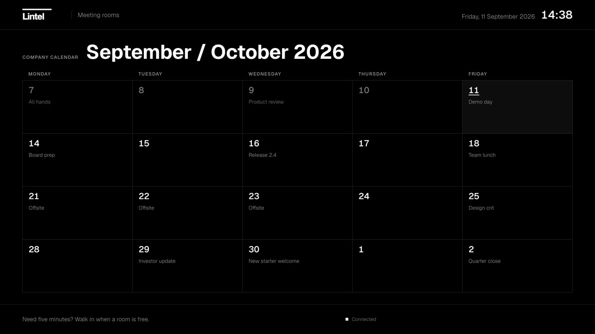 Four weeks of company events in a Monday to Friday grid