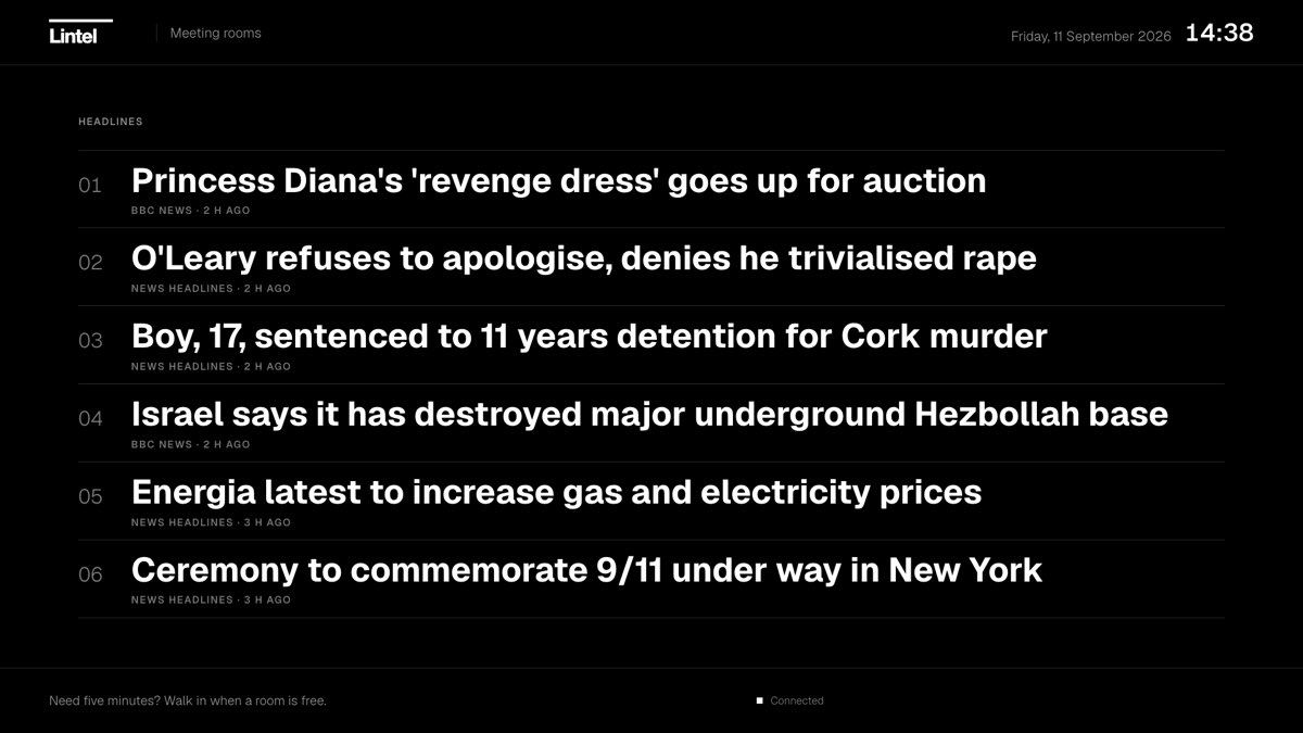Six numbered headlines with their source and age