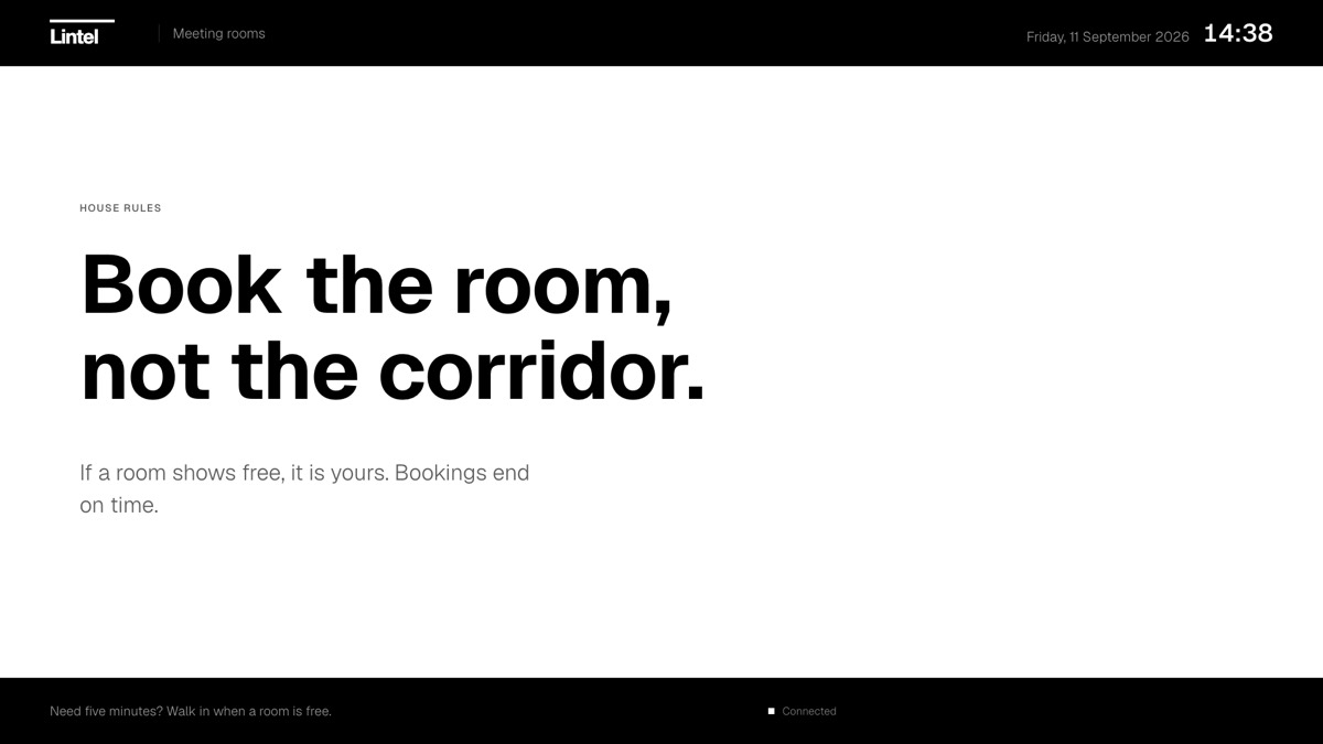 A committee room board in black on white: Book the room, not the corridor