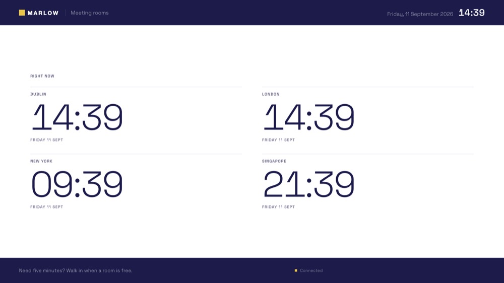 Marlow's indigo board with world clocks for four cities