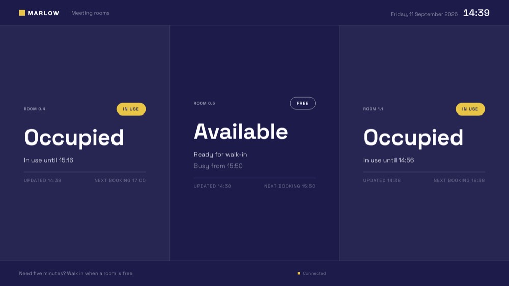 Marlow: indigo, a grotesque, yellow accent
