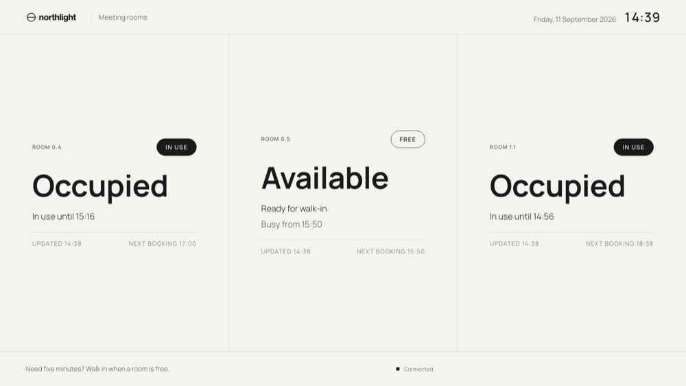northlight: warm white, a rounded sans, black accent